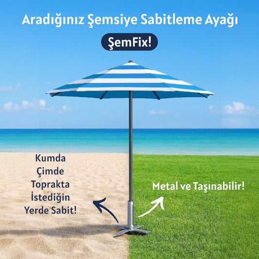 ŞemFix – Yeni Nesil Şemsiye Kazığı, Sabitleme Ayağı - Şemsiye Ayağı Görseli: Metal şemsiye kazığı veya şemsiye ayağı için üretilmiş sağlam ve dayanıklı bir bağlantı elemanı.